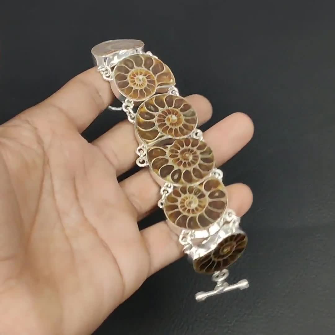 アンモナイト化石ブレスレット：ハンドメイド925スターリングシルバー