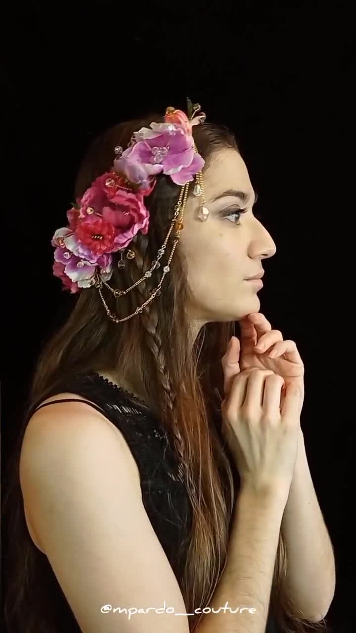 花冠 - オーク - ピンクと紫の花、金色のアクセント - 春の妖精