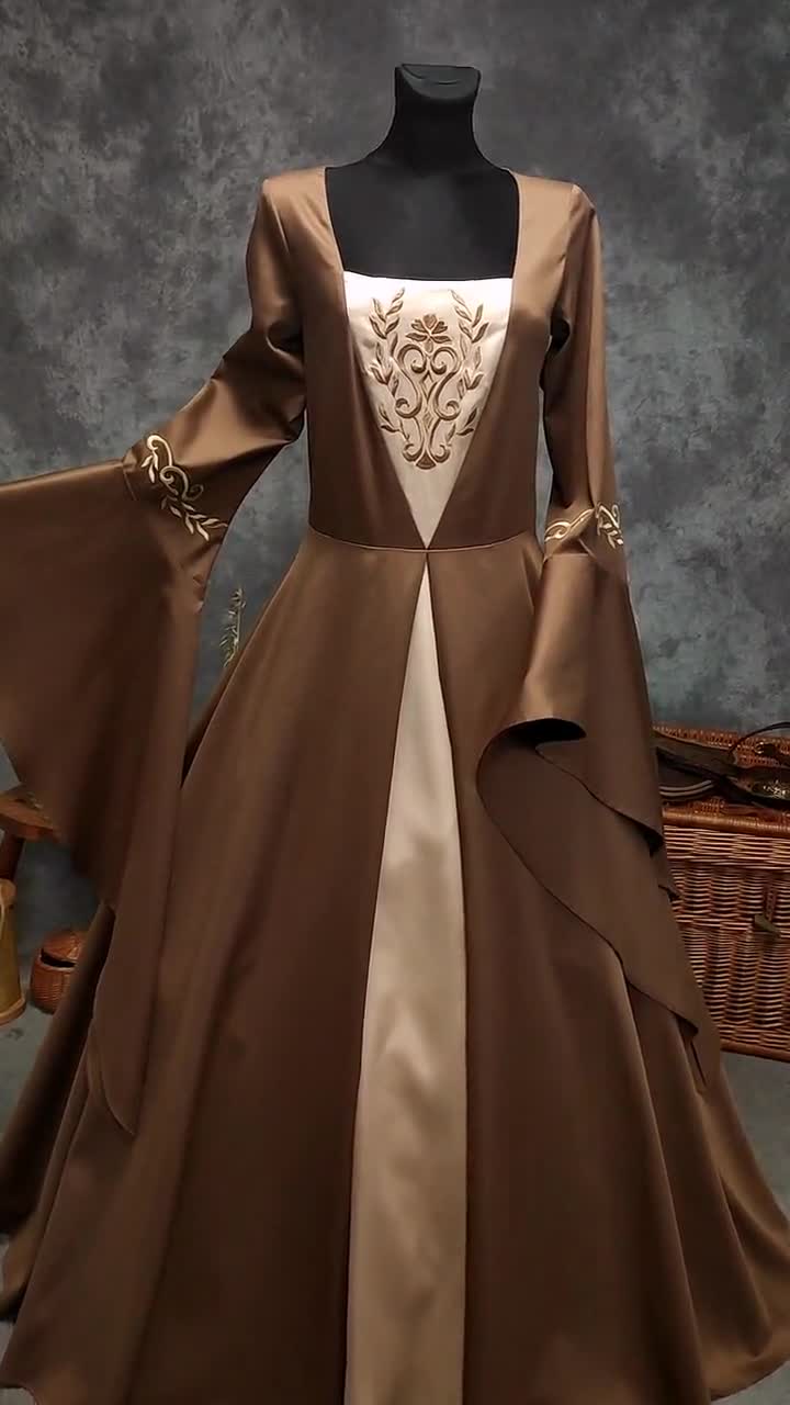 brown fantasy dress Medieval Renaissance Faire Embroidered Satin Cotton Wide Wedding Gown with Long Embroidered Flowy Sleeves, Back Lacing, LARP At the top of Style:CM6032D SugarFree Summer Midi Dress Size:Us Size 2