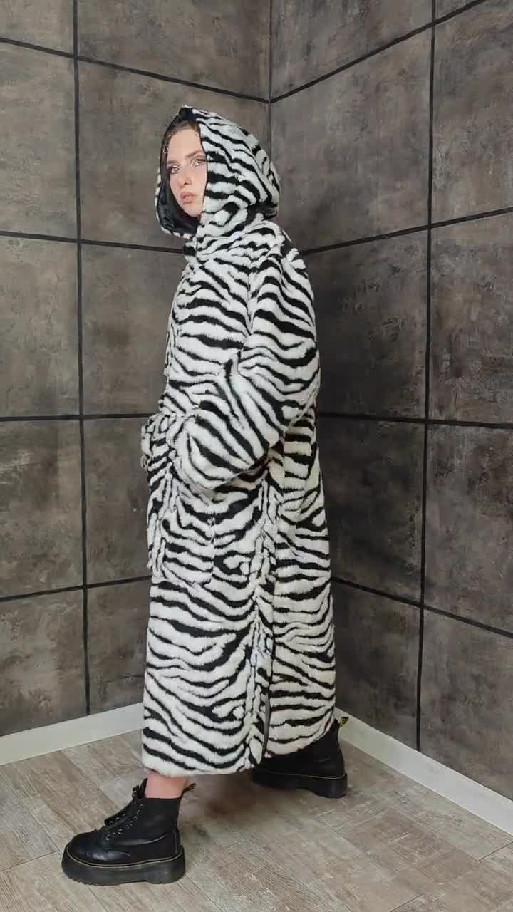 Maxi Zebra Faux Fur Coat Bold Rave Jumpsuit Festival Hoodie