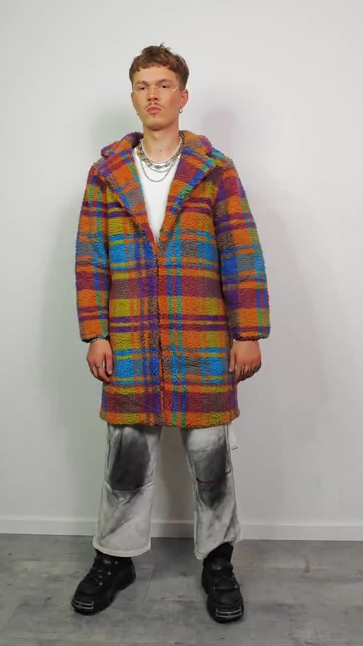 Rainbow Plaid Teddy Coat Checked Fleece Trench Unisex Oversize