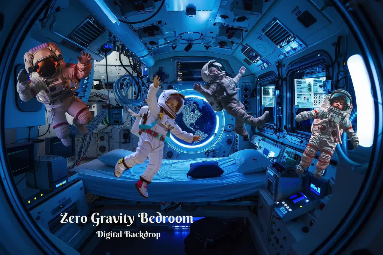宇宙に浮かぶ無重力の寝室のデジタル背景、宇宙旅行の合成画像、子供