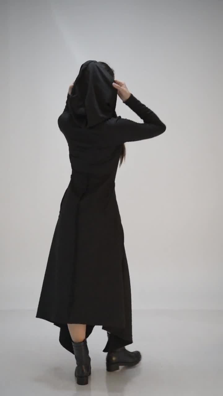 Maxi Sweatshirt Hoodie Dress, Black Long Hooded Dress