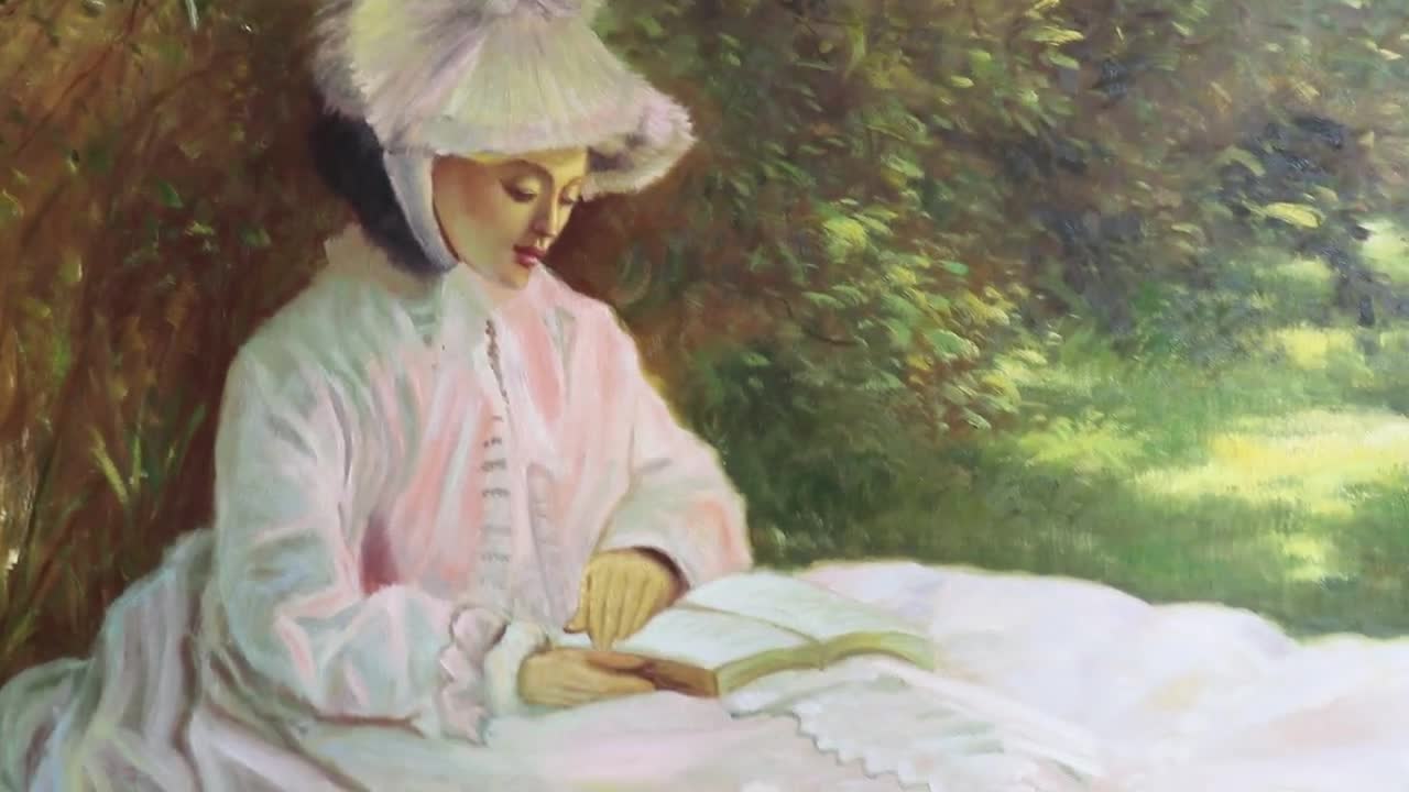 読書家 - クロード・モネの手描きの油絵、春の風景、ライラック色の花