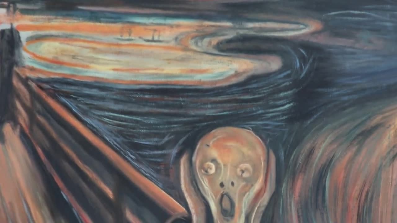 叫び - エドヴァルド・ムンクの手描き油絵複製、夕焼けの血のように
