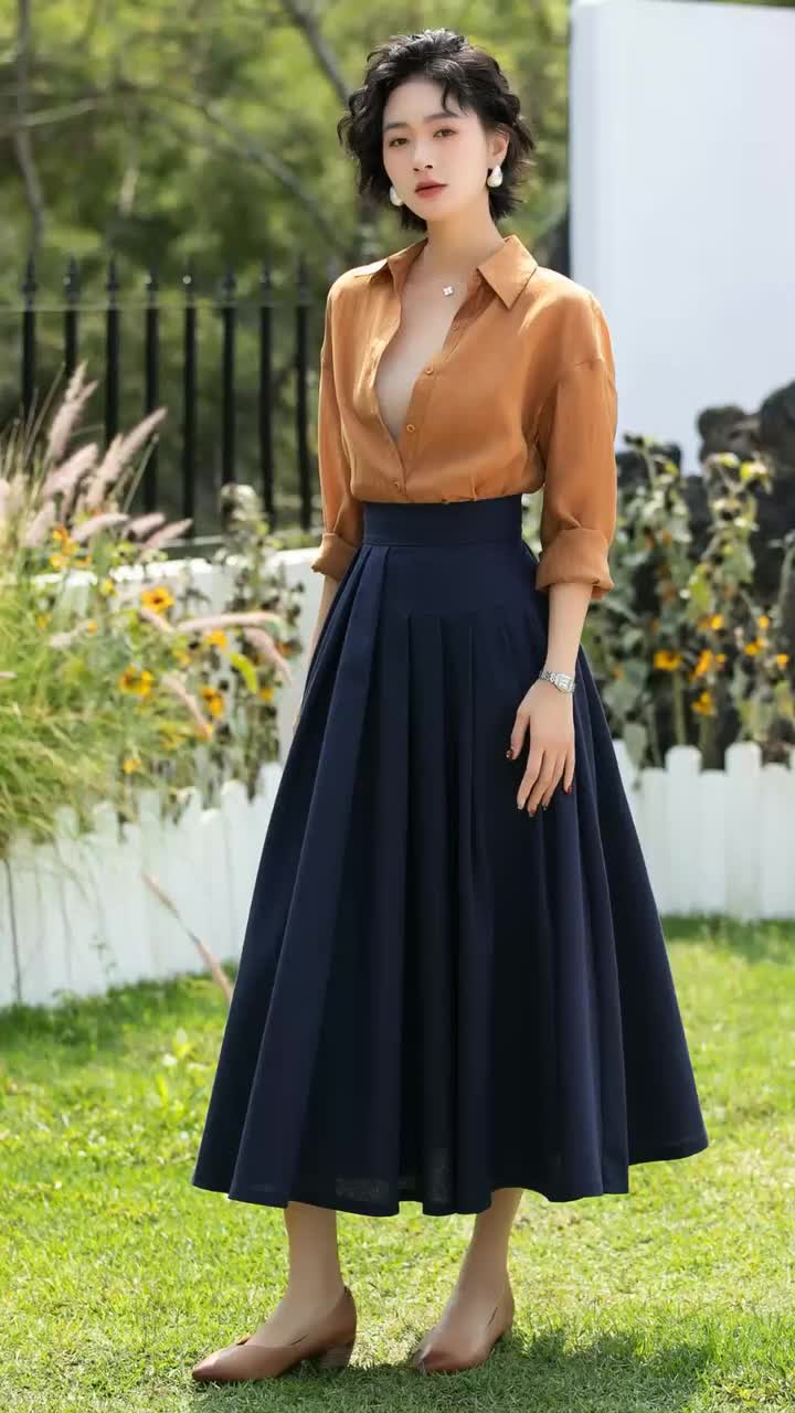 Navy Blue Linen Midi Skirt: High Waisted Pleated A-line Skirt