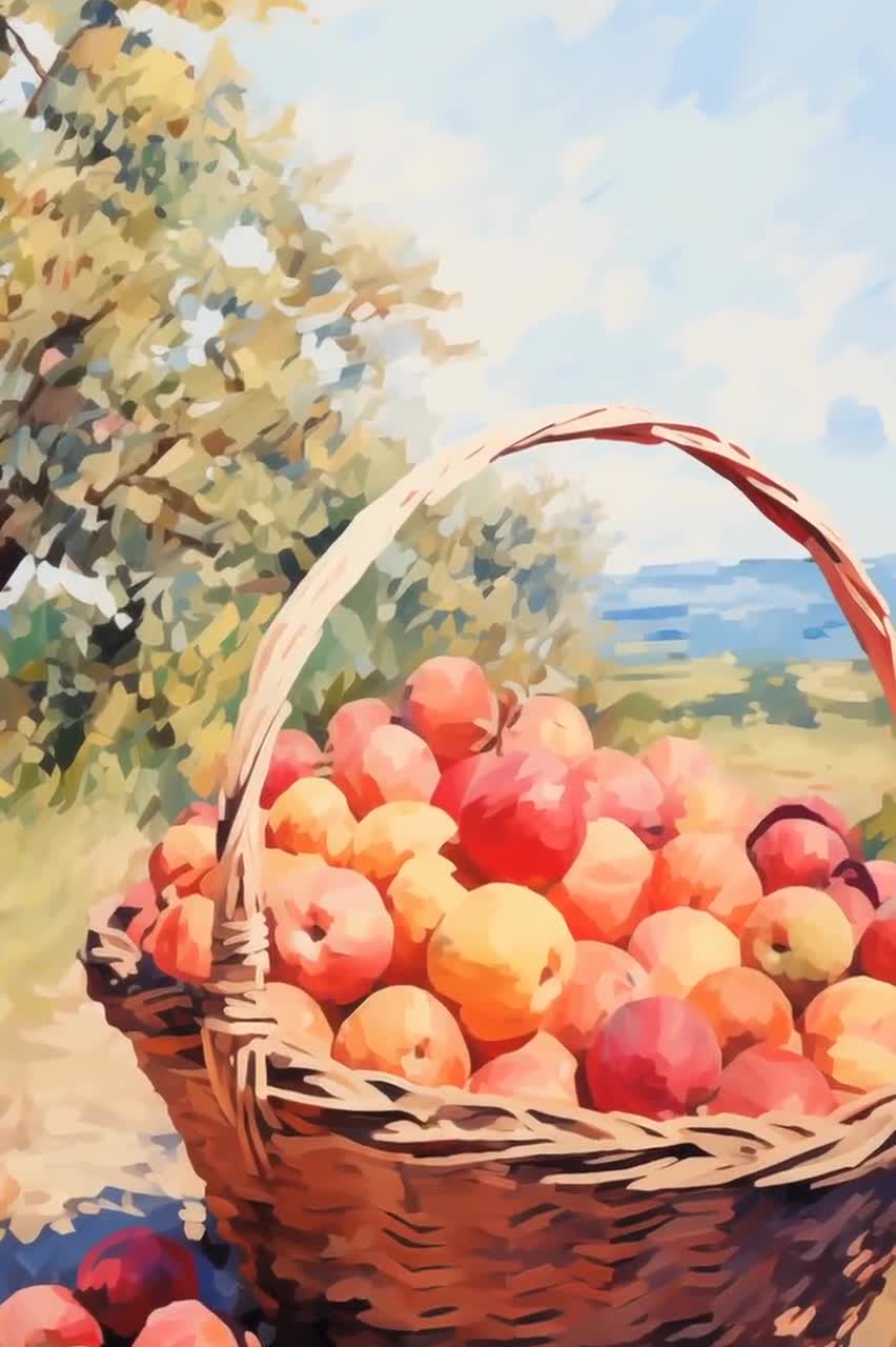 リンゴかごの印刷可能な絵画：印象派の秋の収穫のアートワーク