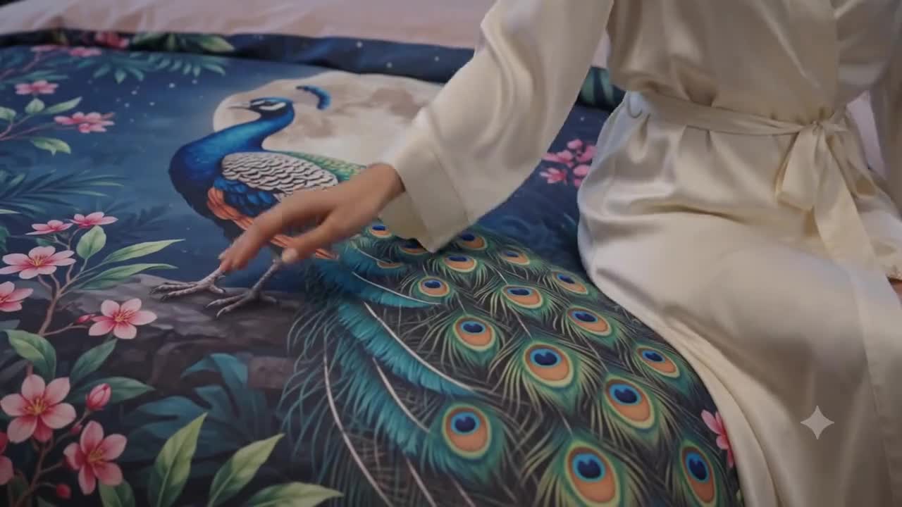孔雀柄寝具セット - 水彩画風掛け布団カバー - ボヘミアン風寝室装飾