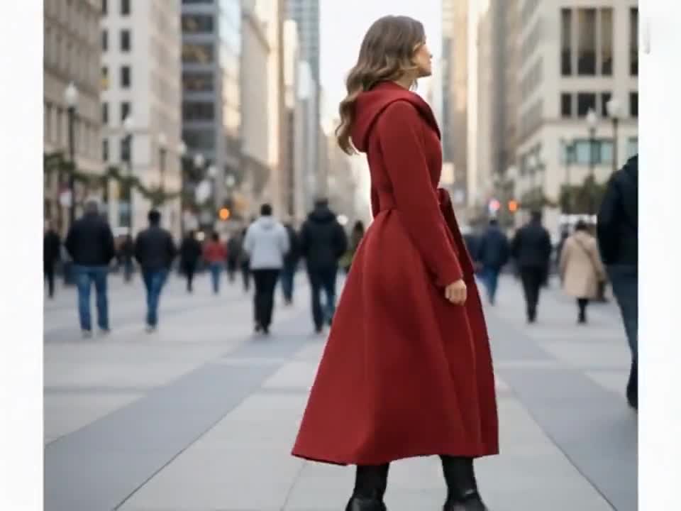 Women's Red Wool Hooded Maxi Coat | Elegant Winter Flare Coat