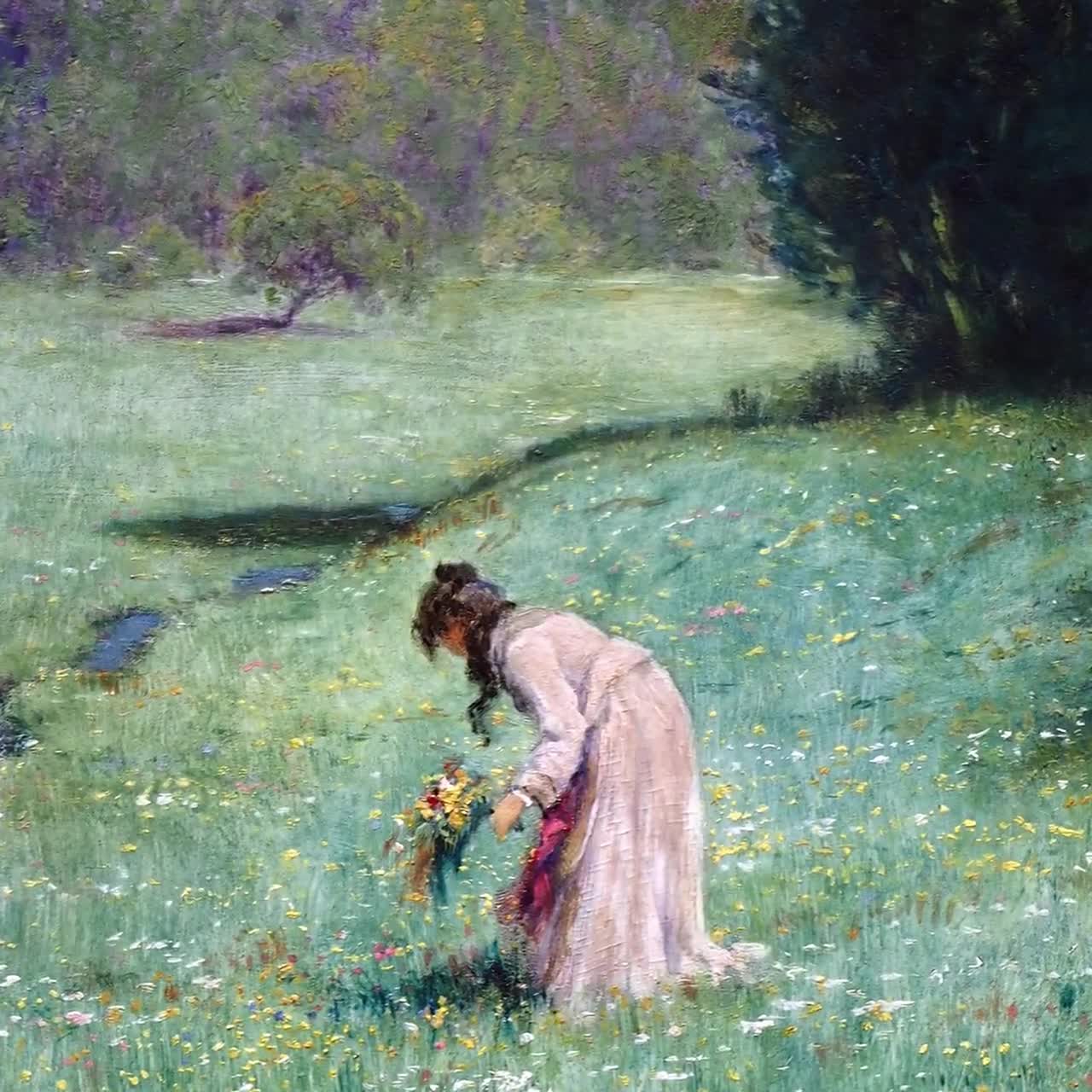 花を摘むヴィンテージの少女 | 春夏の風景画 | アンティークの壁画