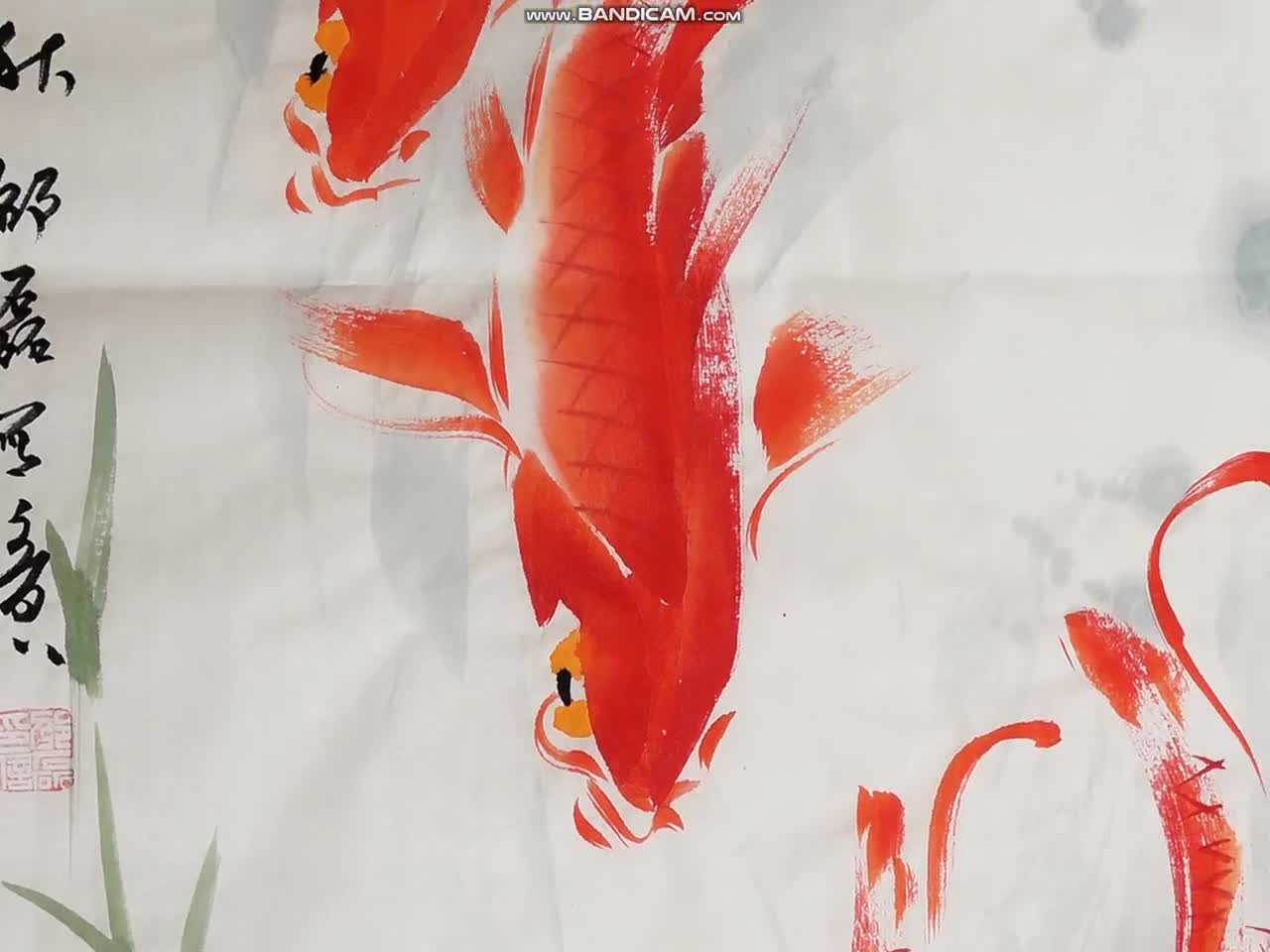 100% 手描きの中国水彩鯉魚アート、細身の縦鯉の絵、オリジナルの