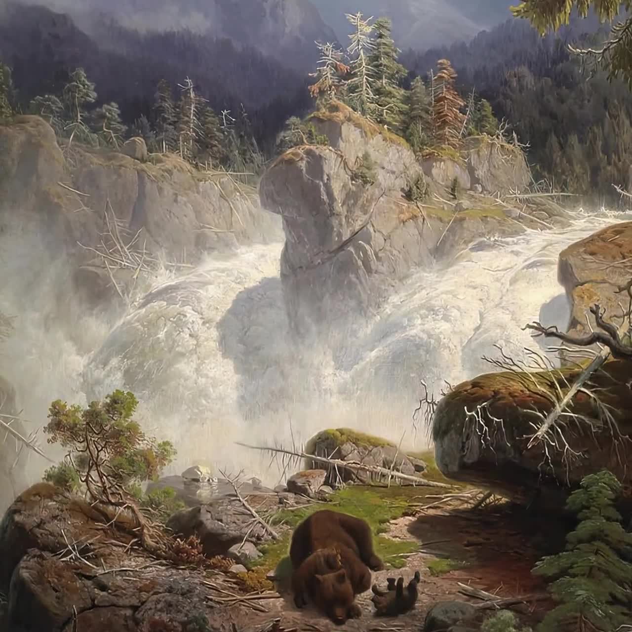 Vintage 1859 Bears Mama Bear & Cubs | Playing by Waterfall