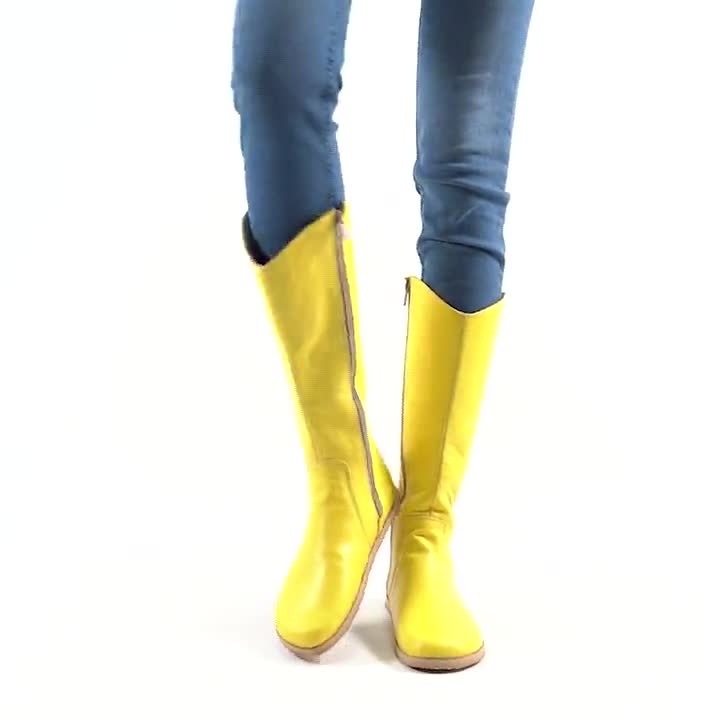 Yellow Leather Knee High Boots: Handmade Barefoot Zero Drop - Etsy
