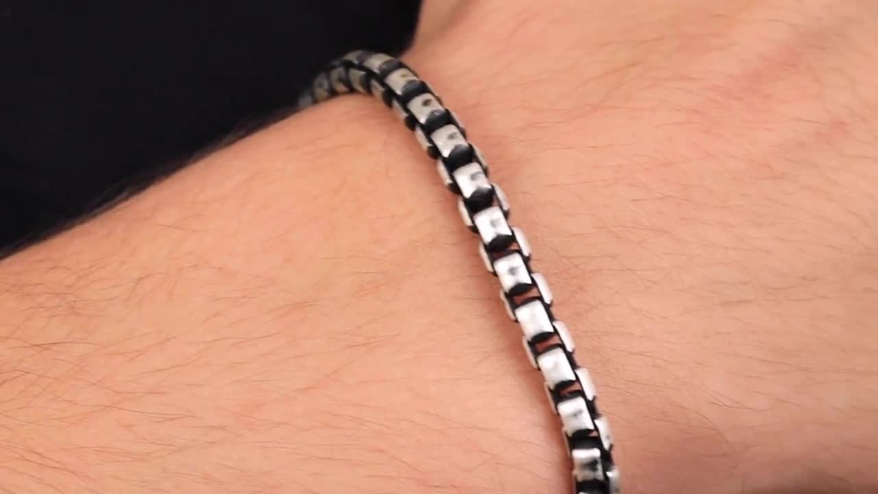 925 Sterling Silver Box Chain Bracelet Men, Italian Round Box Long