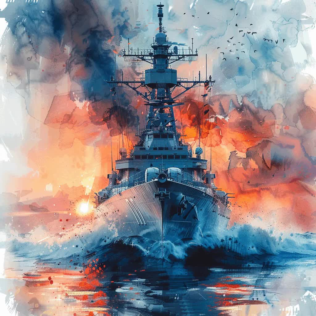 水彩画風戦艦PNGクリップアート、装甲軍艦イラスト（デジタル