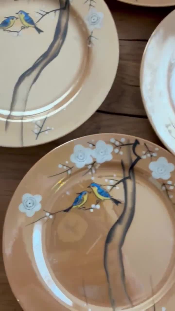 Vintage Japanese Lusterware Peach Hand Painted Bluebird Cherry