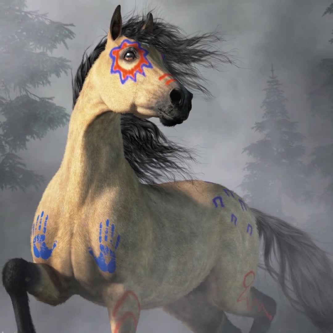 ネイティブアメリカンの戦争ペイントを施したバックスキンの馬