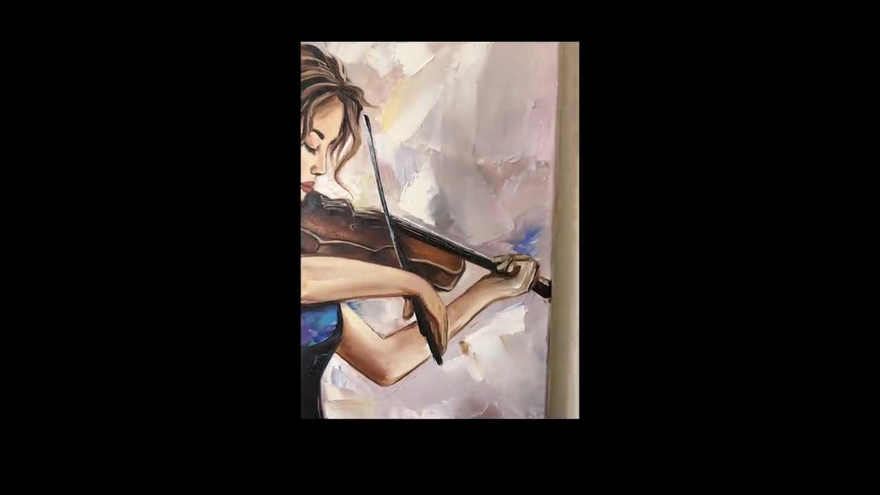 Woman Playing Violin Oil Painting on Canvas, Elegant Musician Girl