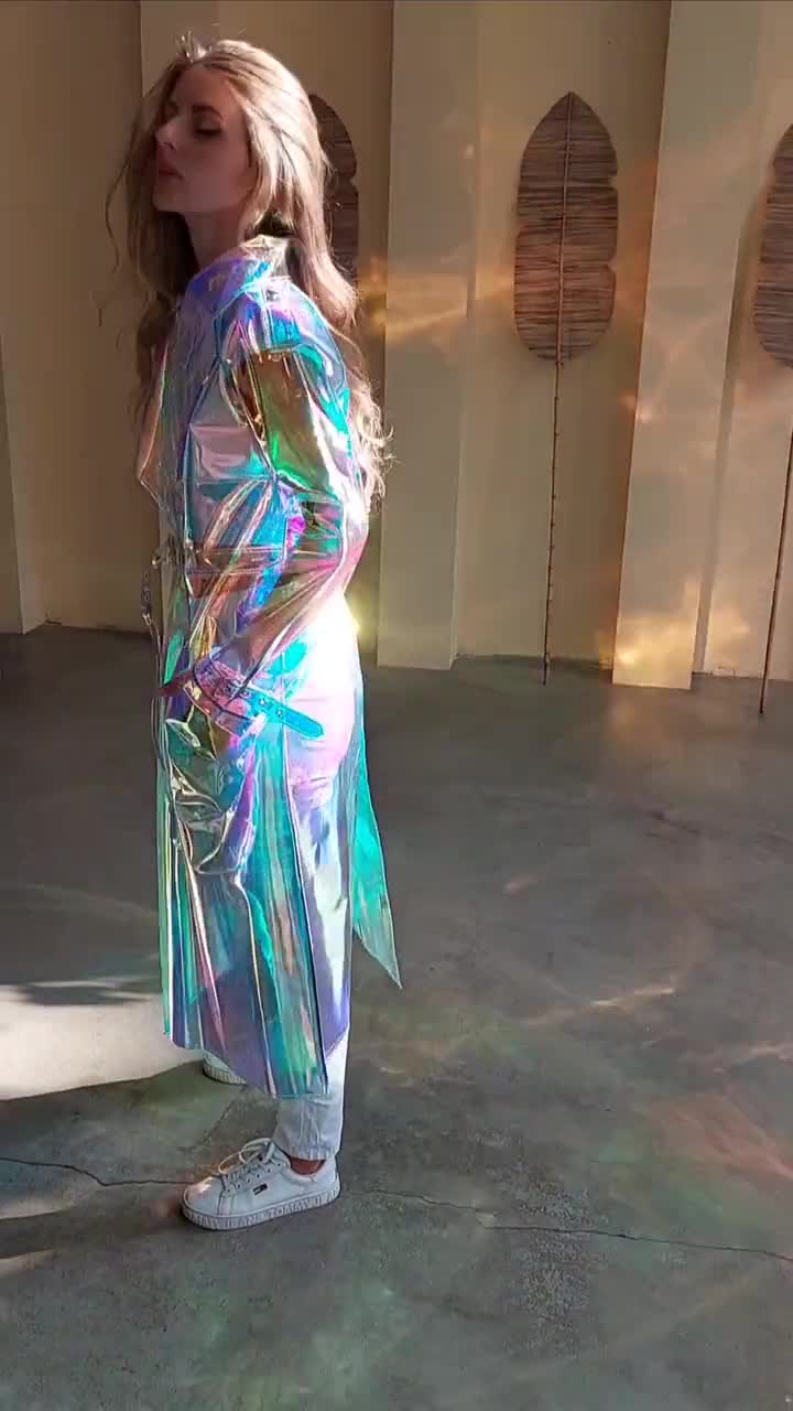 Holographic Vinyl Trench Coat, Iridescent Festival Rave Outfit