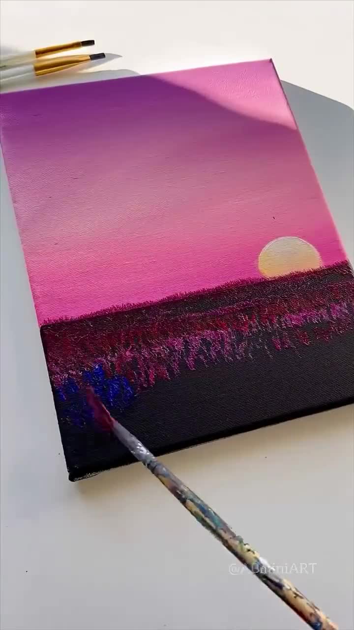 ピンクの夕焼けの草原 – 8x10 オリジナルアクリル画、木のシルエットの