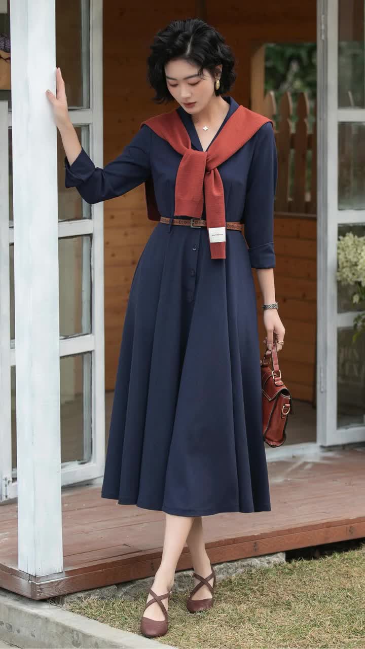 blue dress red belt Navy Linen Shirt – Vintage A-Line Midi Diary of a Sewing DESIGN * Rich royal 10.5W Size:10½