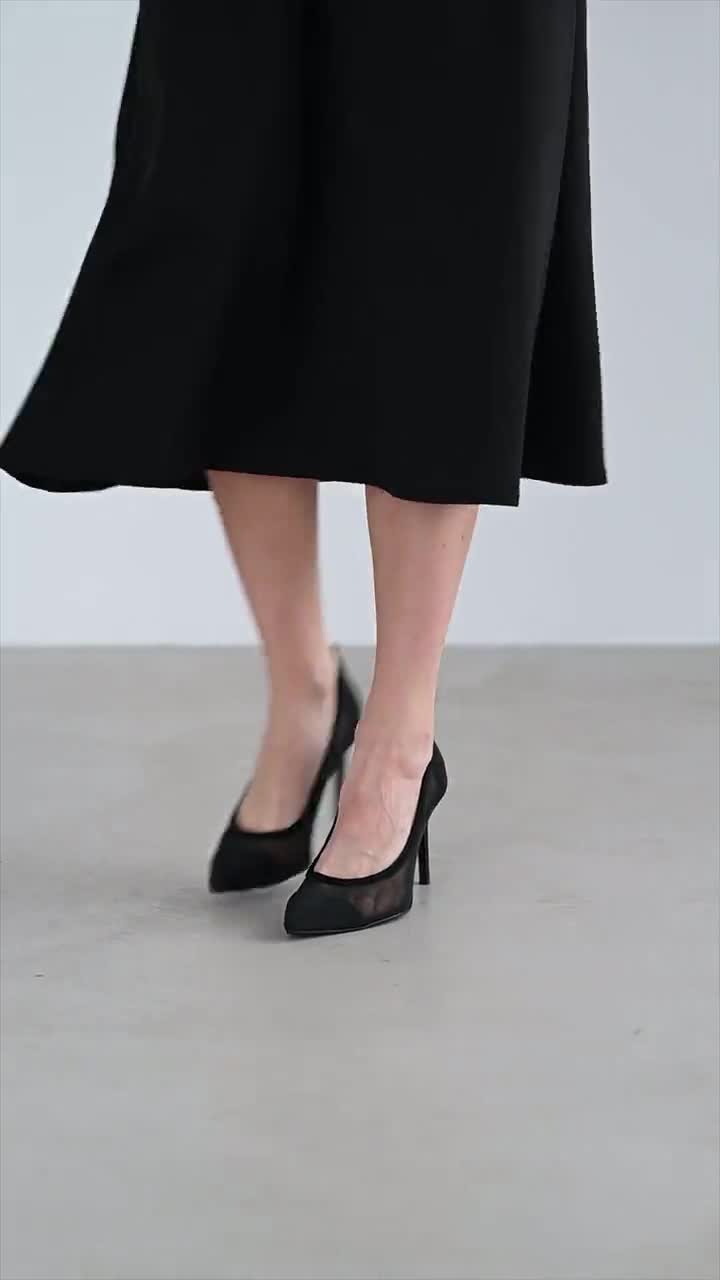 Black Mesh Pumps With Black Suede Pointy Heels, Fishnet High Heels