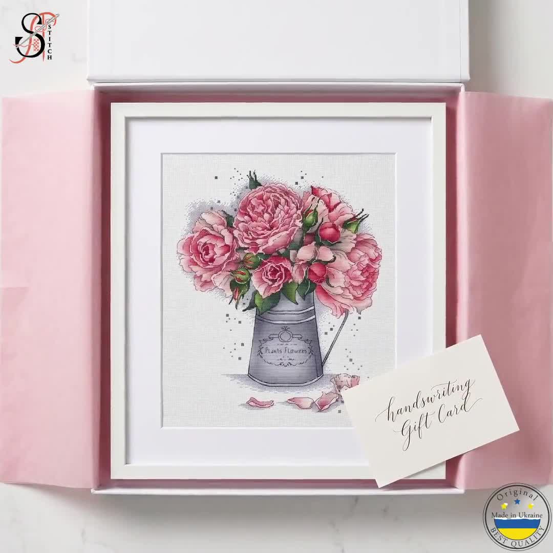 Pink Roses in Silver Watering Can Cross Stitch Pattern PDF