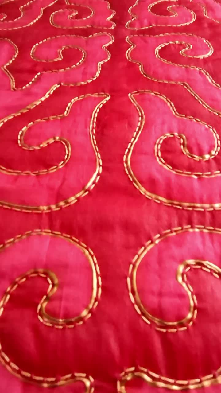 Kyrgyz Ornament Quilted Wall Hanging, Red Gold Traditional Shyrdak