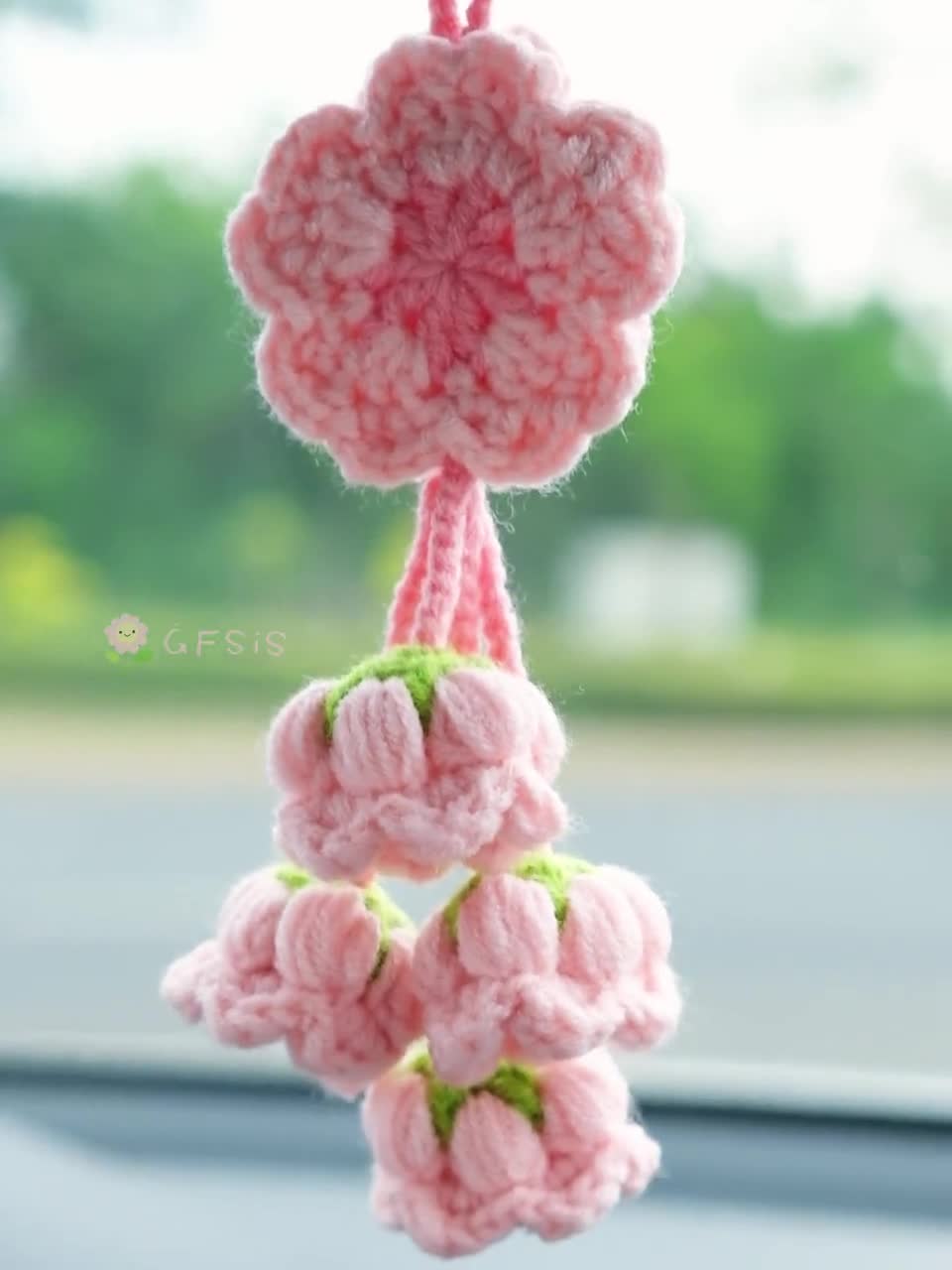 Crochet Sakura Car Mirror Hanging Accessory, Cherry Blossom & Lily