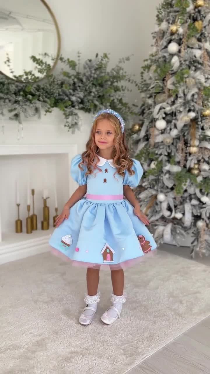 Girls' Blue Christmas Dress Festive Gingerbread House Dress for Girls Christmas Party Gown Kids 1 9 Yrs Winter Holiday Outfit