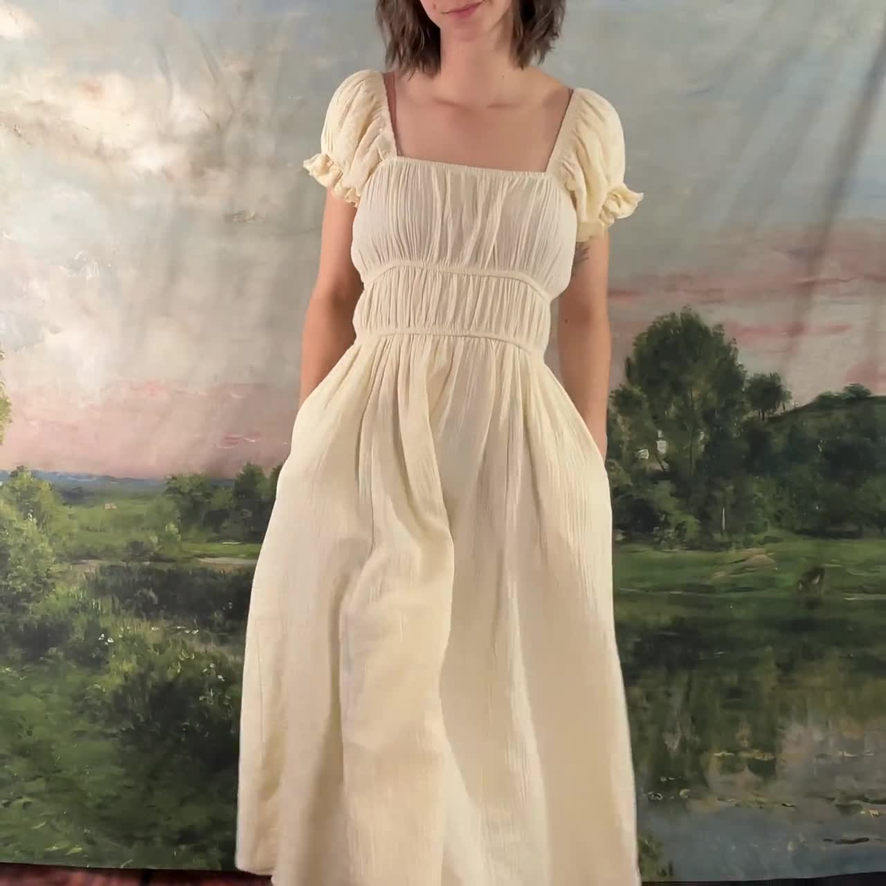 beige milkmaid dress Cream Cotton Dress: Renaissance Cottagecore Chemise Sleeveless Bridal Wedding Gowns Vintage Gift Color:#40-Ice Blue