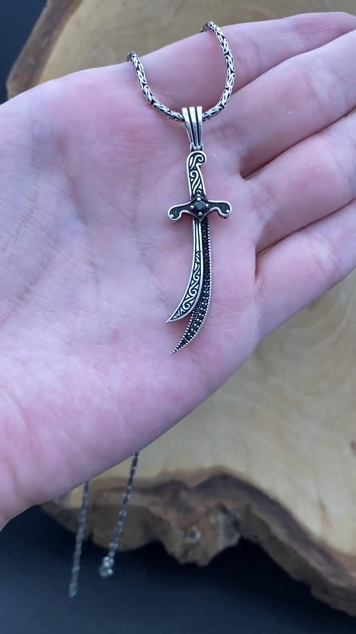Silver Zulfiqar Necklace, 925 Sterling Silver, Long Sword Men