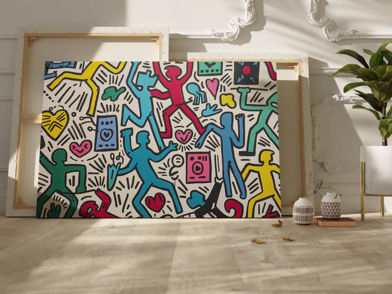Keith Haring Inspired Canvas Print, Colorful Pop Art Wall Art for