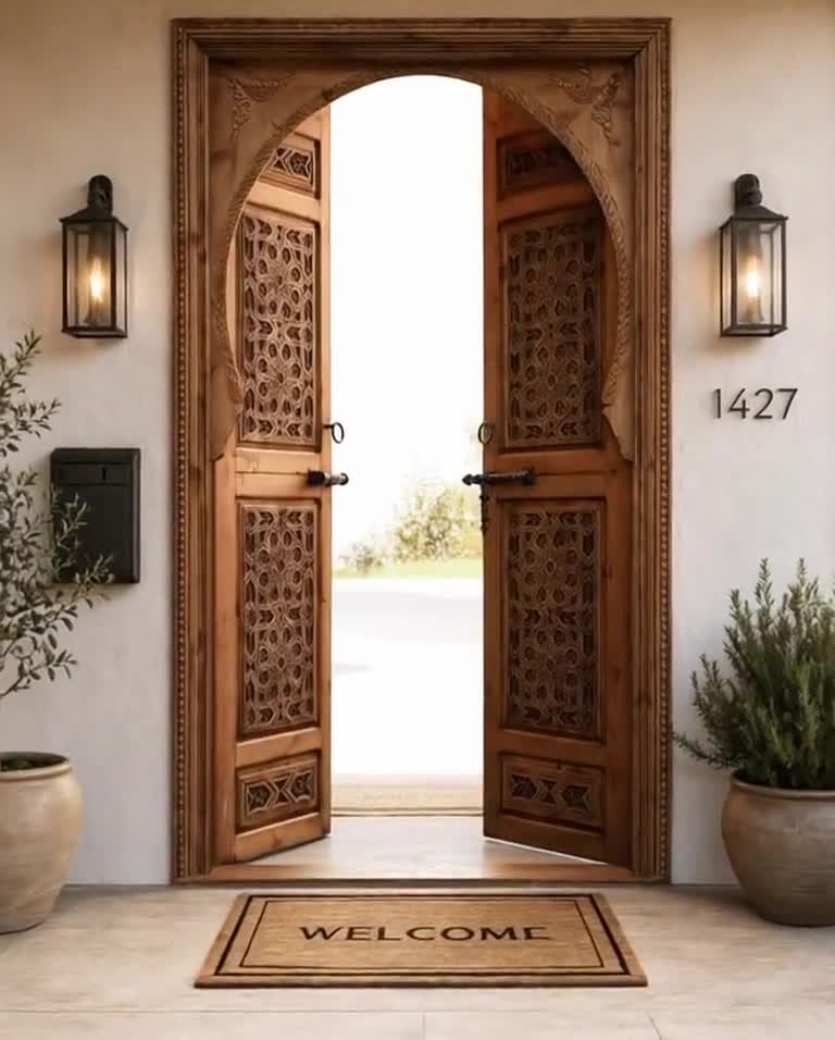 Moroccan Hand Carved Wood Door | Custom Cedar Front Entry Door