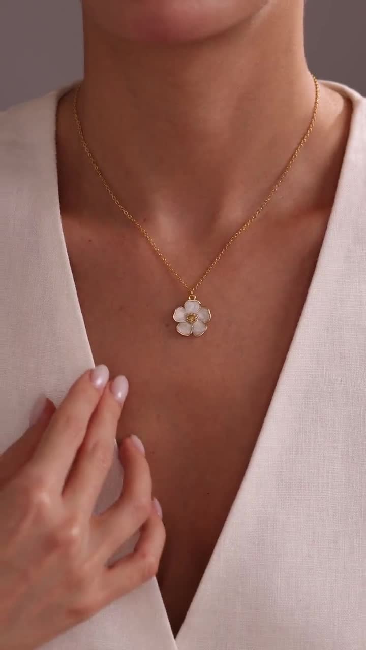 Gold Plated Enamel Sakura Flower Necklace, Flower Necklace, Gold