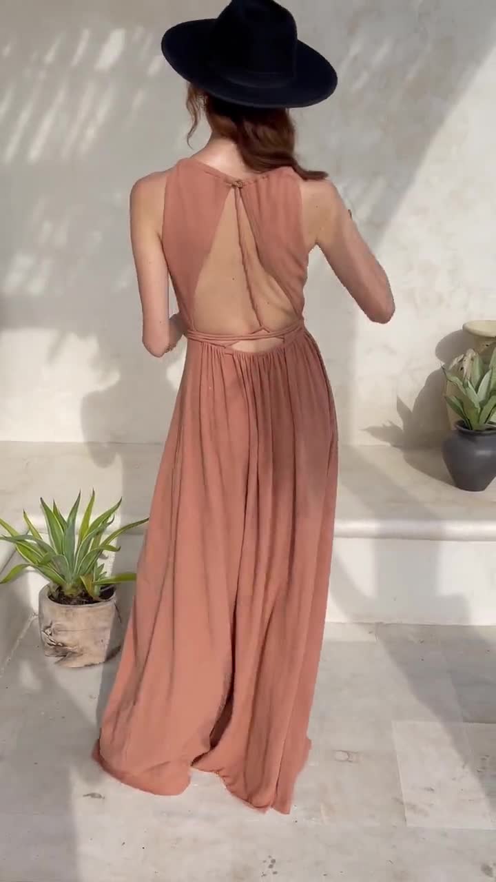 dusty rose boho dress Pink Organic Cotton Maxi • Bohemian Open Back Gown Hips 90cm girls glow party dress Burgundy Velvet Bridesmaid Dress Colour:Espresso