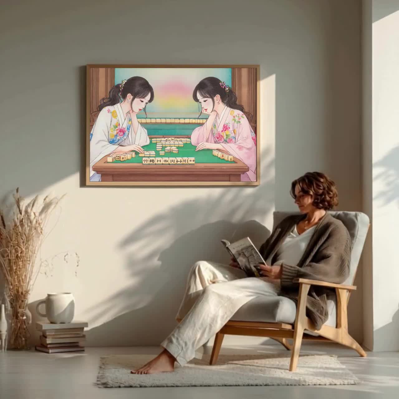 Mahjong TV Frame Art – Asian Women, Floral Kimonos (digital