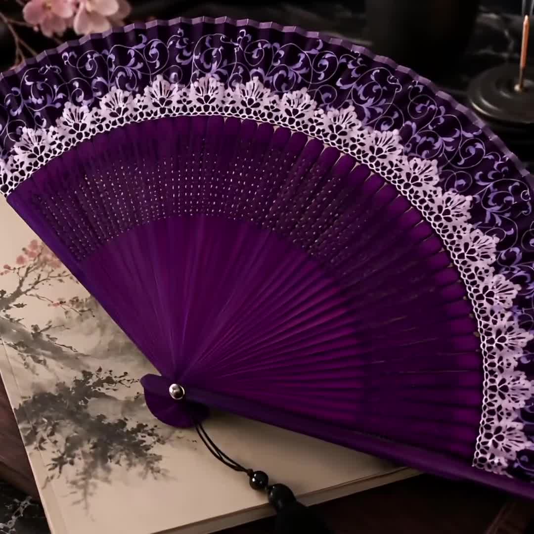 Purple Lace Folding Fan, Color Changing Hand Fan, Bamboo Silk Fan