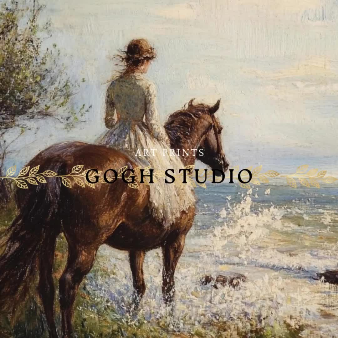 ヴィンテージ油絵「馬に乗った女性」、シーサイドコテージコアアート