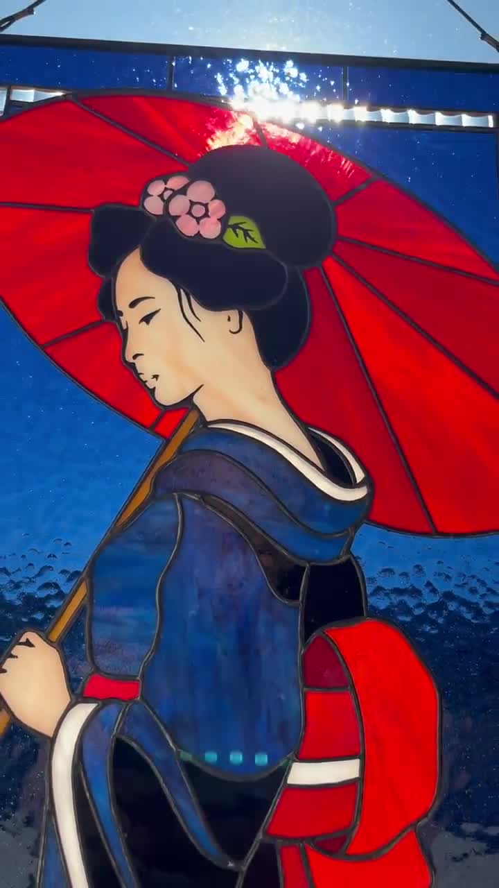 Geisha Red Umbrella Stained Glass Panel Suncatcher, Japanese
