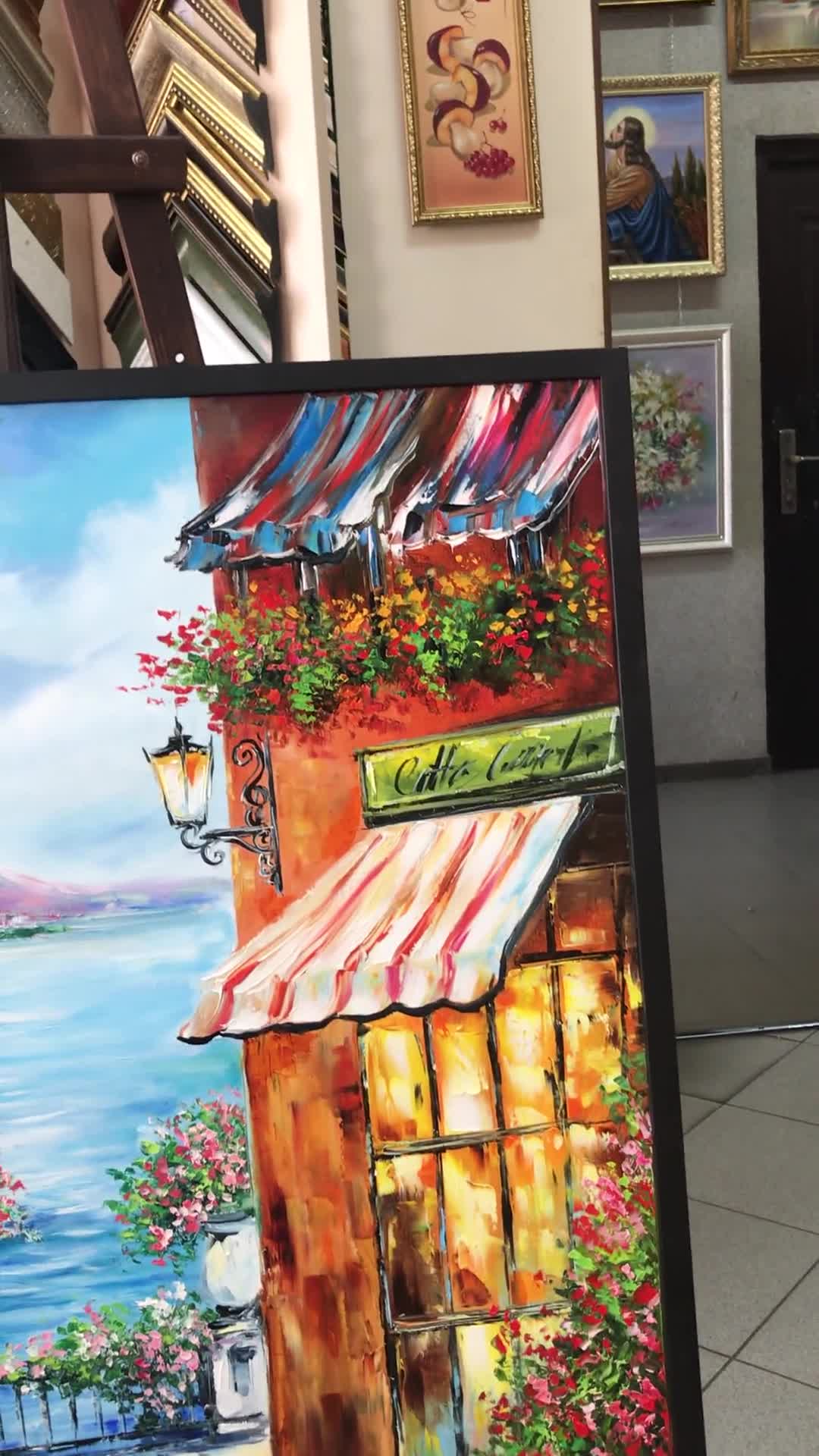 イタリアのカフェを描いた油絵オリジナル、イタリアの海辺の村のアート
