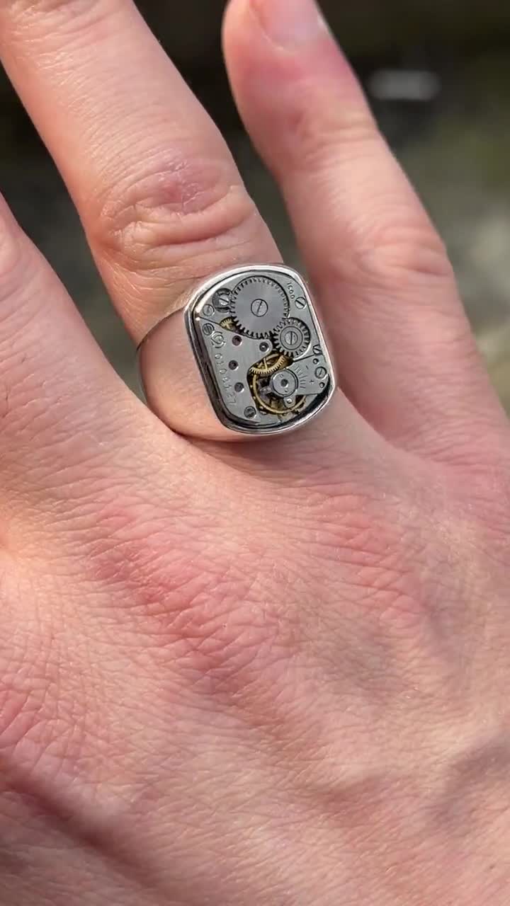 Handmade Watch Mechanism Ring, Silver Clock Mechanism Signet Ring
