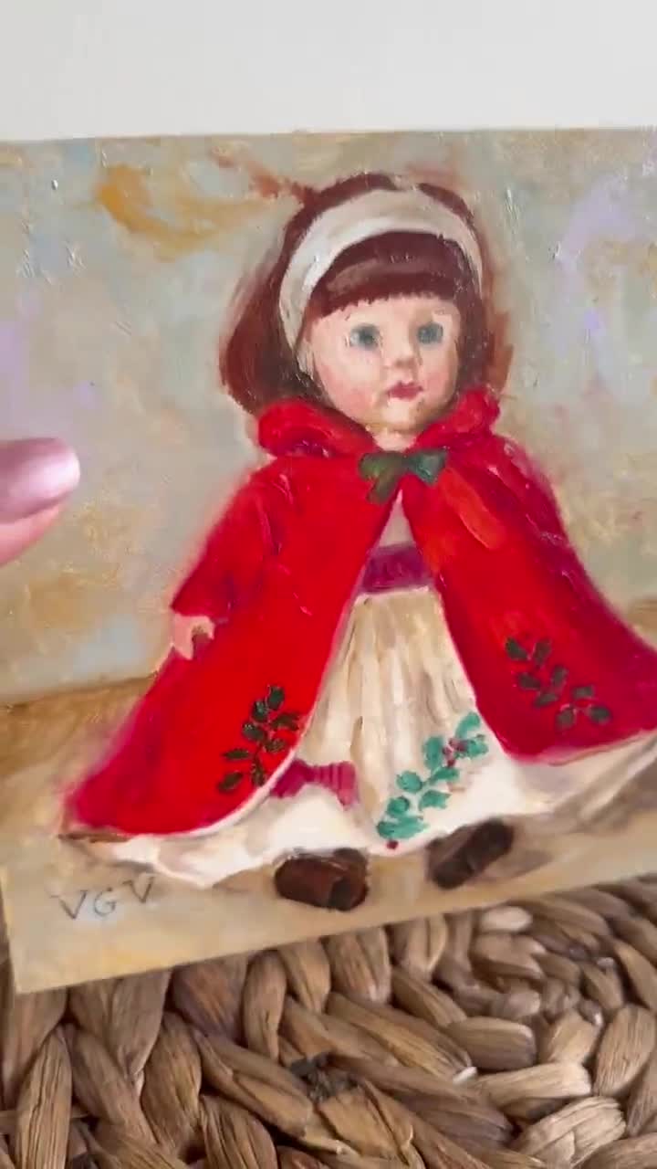 人物画　油絵　アンティーク　レトロ　赤のセーター　冬の記憶 オリジナル油絵「赤い人形」、6インチ×6インチの手描きリネンパネル