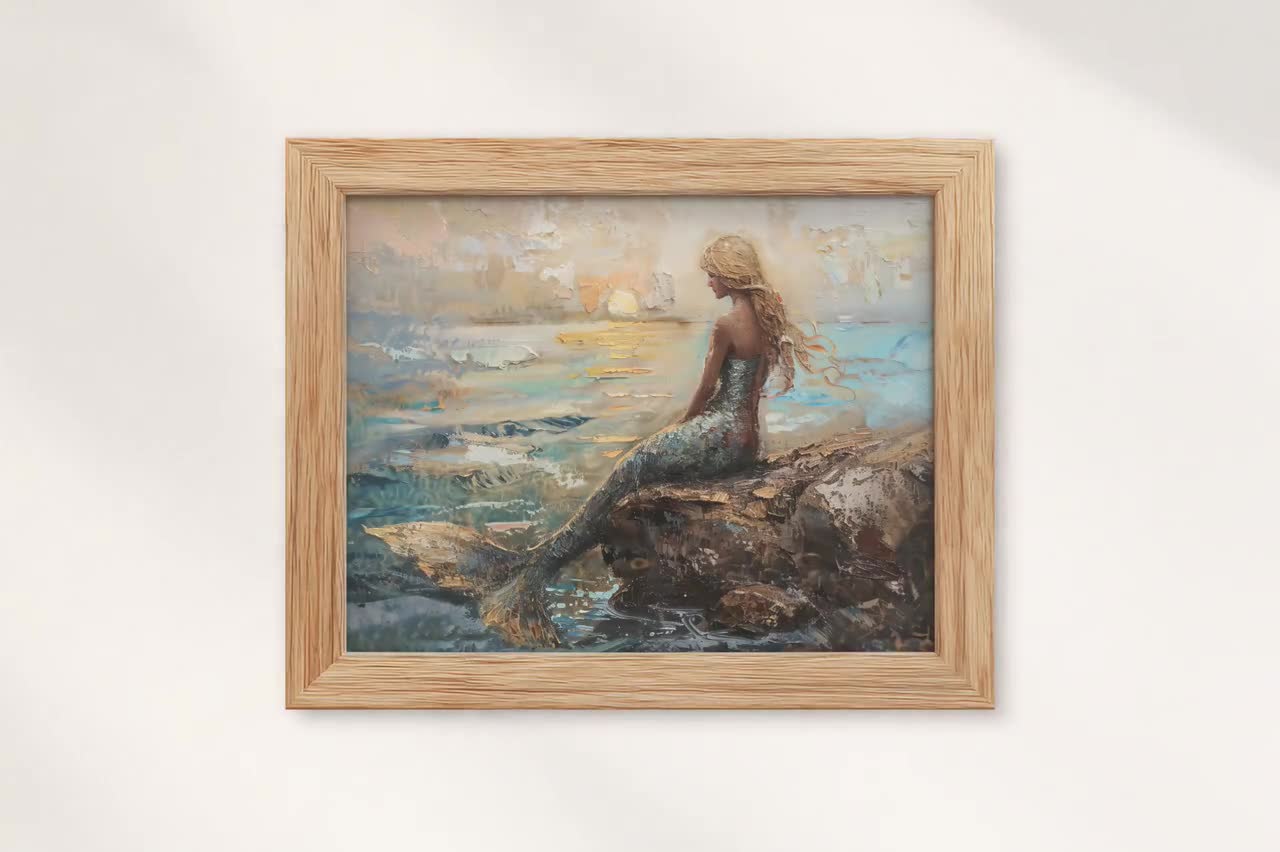 夕日に照らされた人魚の油絵：海岸の幻想的な壁アート（デジタル