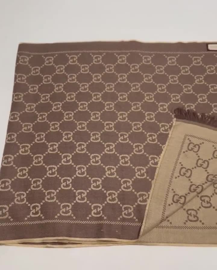 Vintage Gucci Monogram Wool Silk Scarf Brown Beige GG Pattern