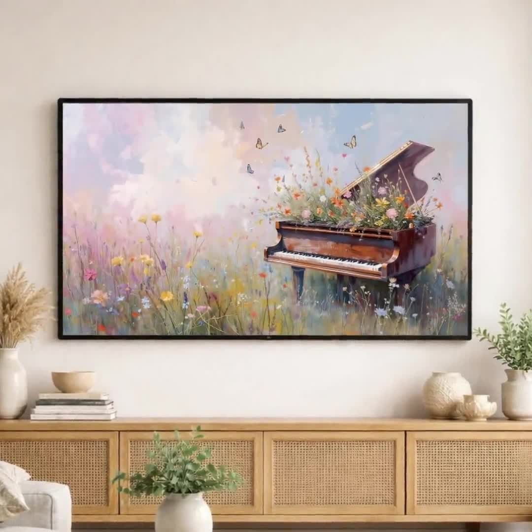 Floral Piano Wall Art Printable, Grand Piano in Wildflower Meadow