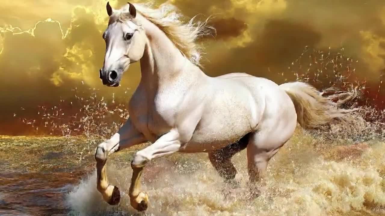 水上を走る3D白馬壁紙壁画 | ドラマチックな海の牡馬ウォールアート