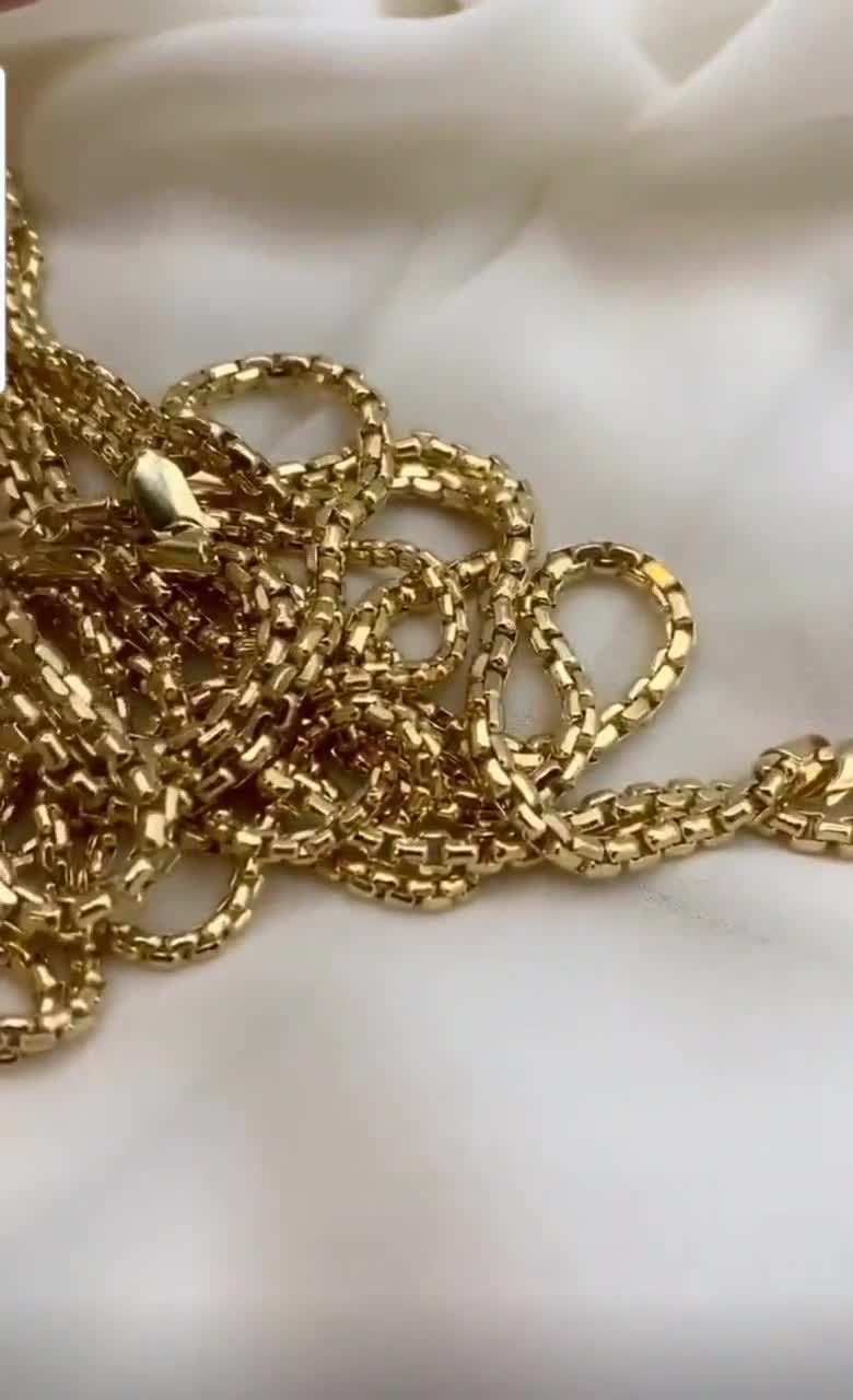 18金ボックスチェーン／ネックレス。3.5mm。本物の金。750認定。最高