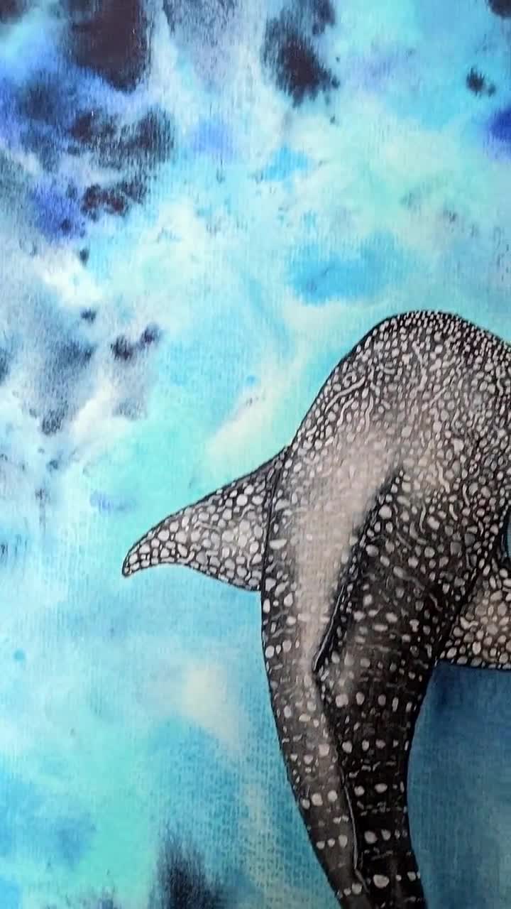 ジンベイザメ、オリジナル水彩画、水中画、暗い海、手作りの絵画