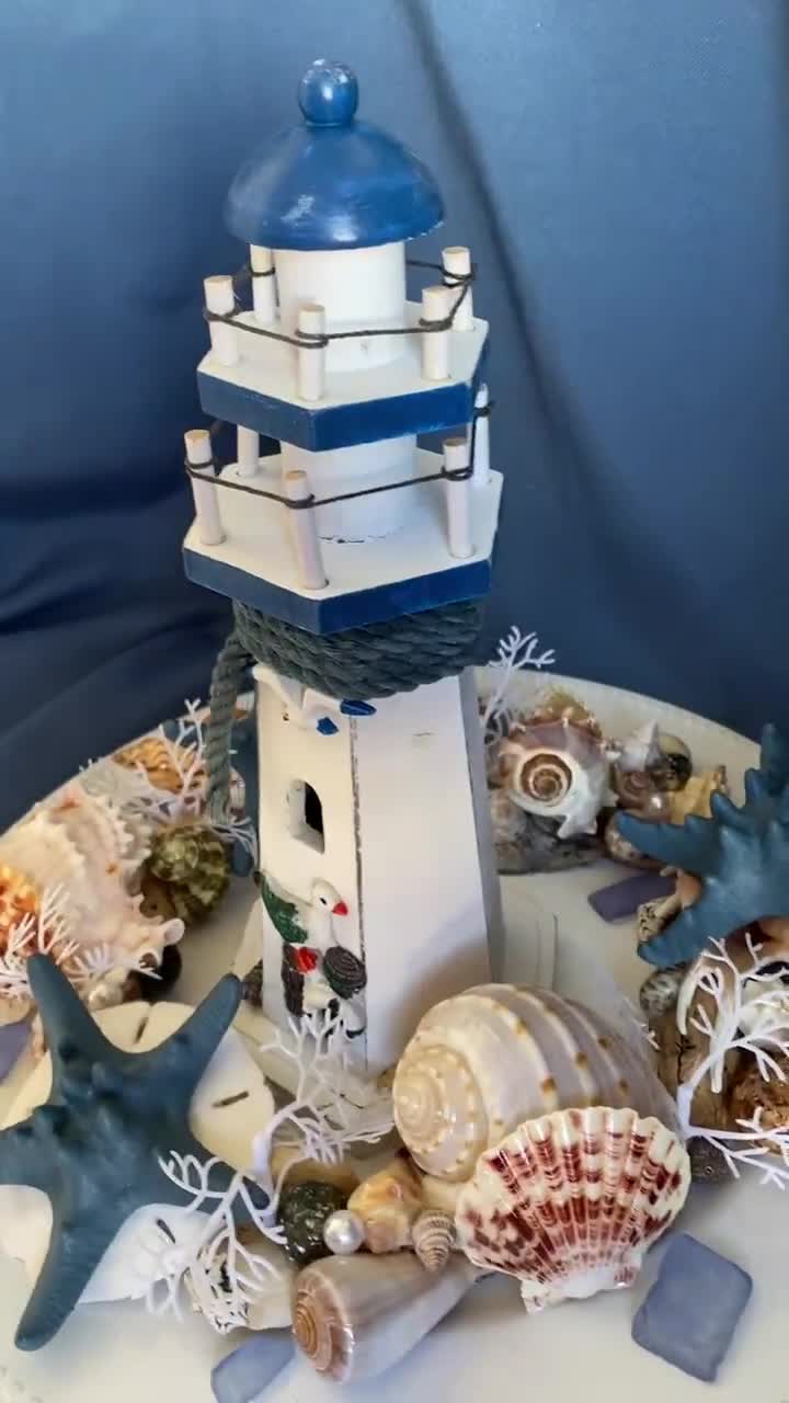 PRICE DROP! Tall Wood Lighthouse Centerpiece W/ Shells, Slate Blue